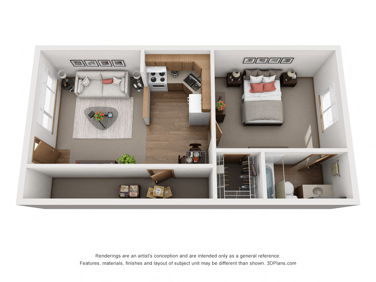 Floor plan for 1 bed, 1 bath, 594 sqft